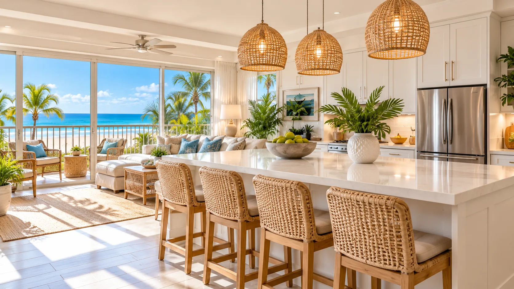 Clean coastal living and dining space